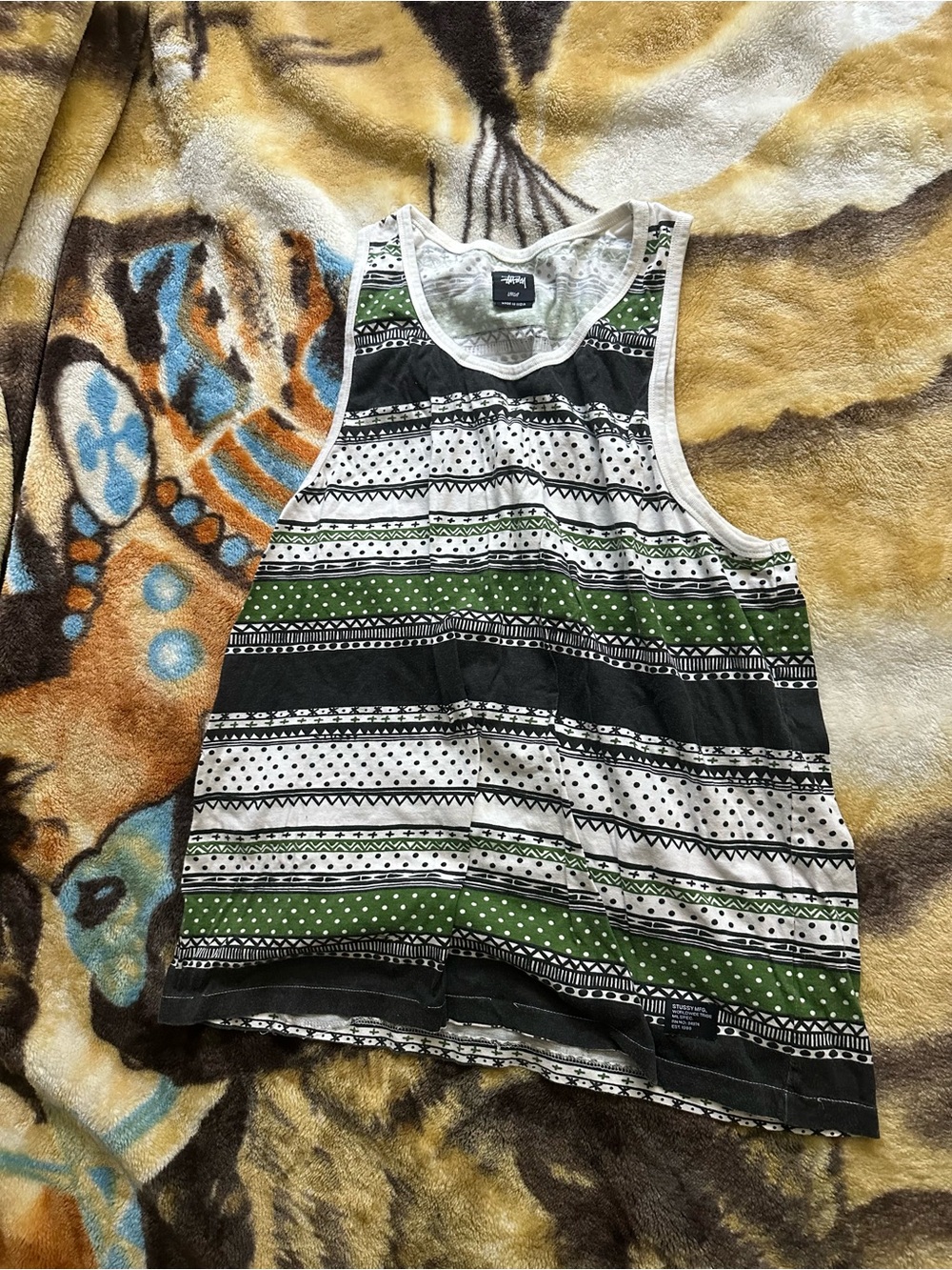 Stussy Green Black White Patterned Tank Top Size Mens L Large - Picture 2 of 7
